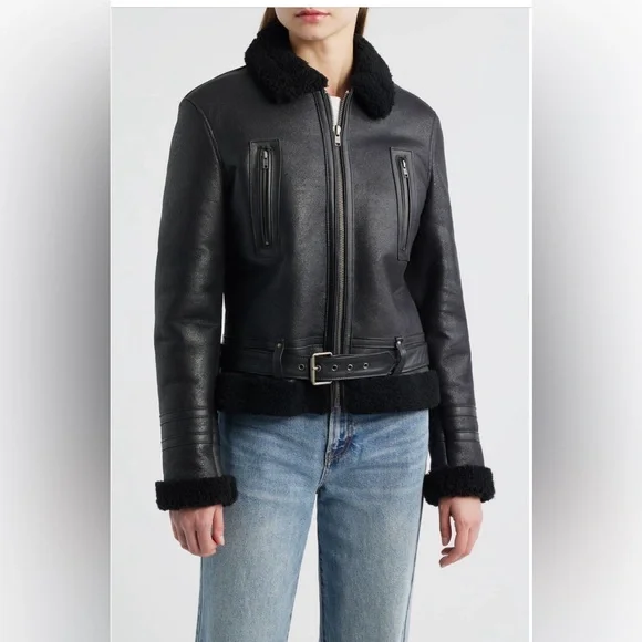 Frye Black Leather Jacket with genuine shearling trim - Picture 4 of 9